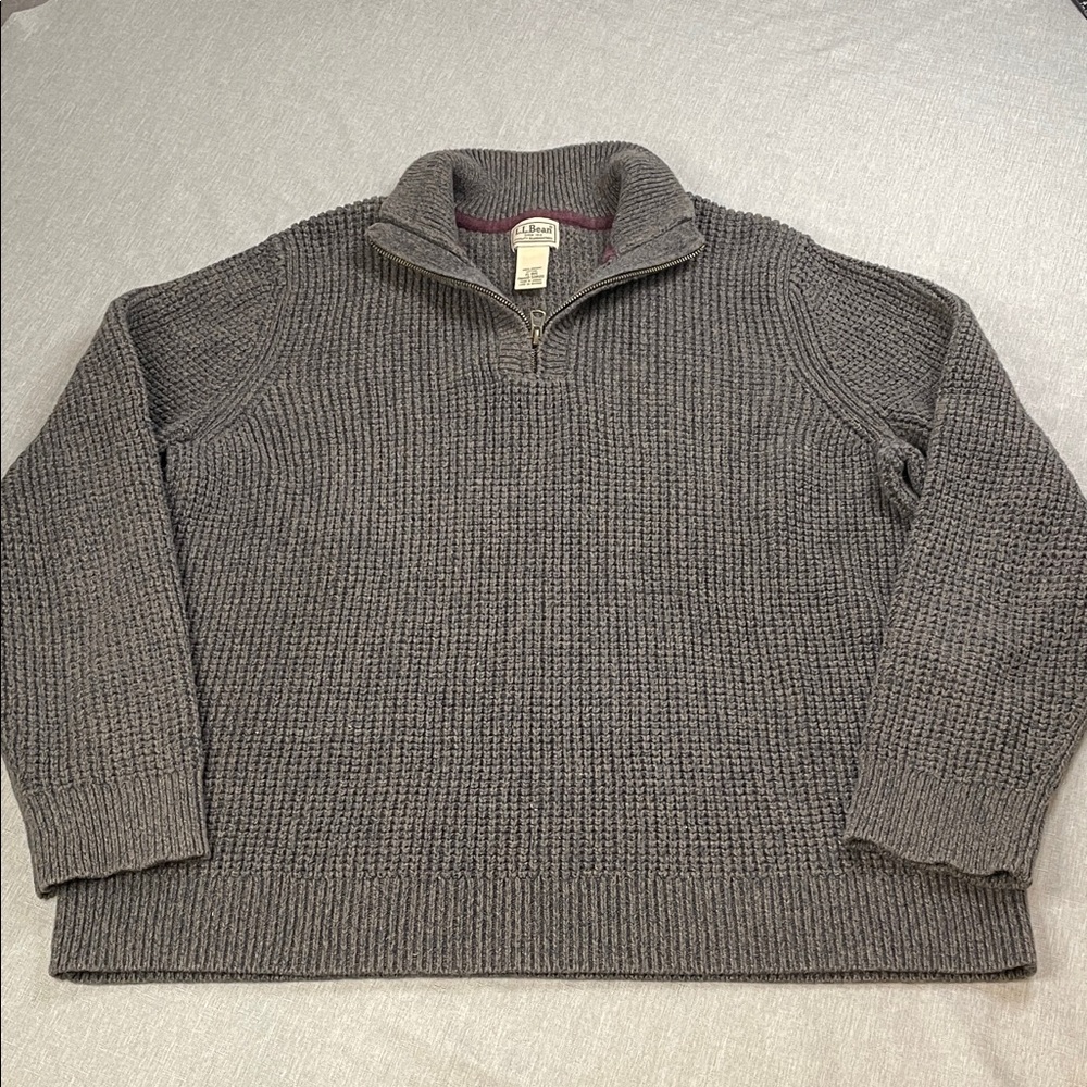 L.L. Bean Men's XL Charcoal Grey Quarter Zip Waffle Knit Organic Cotton Sweater